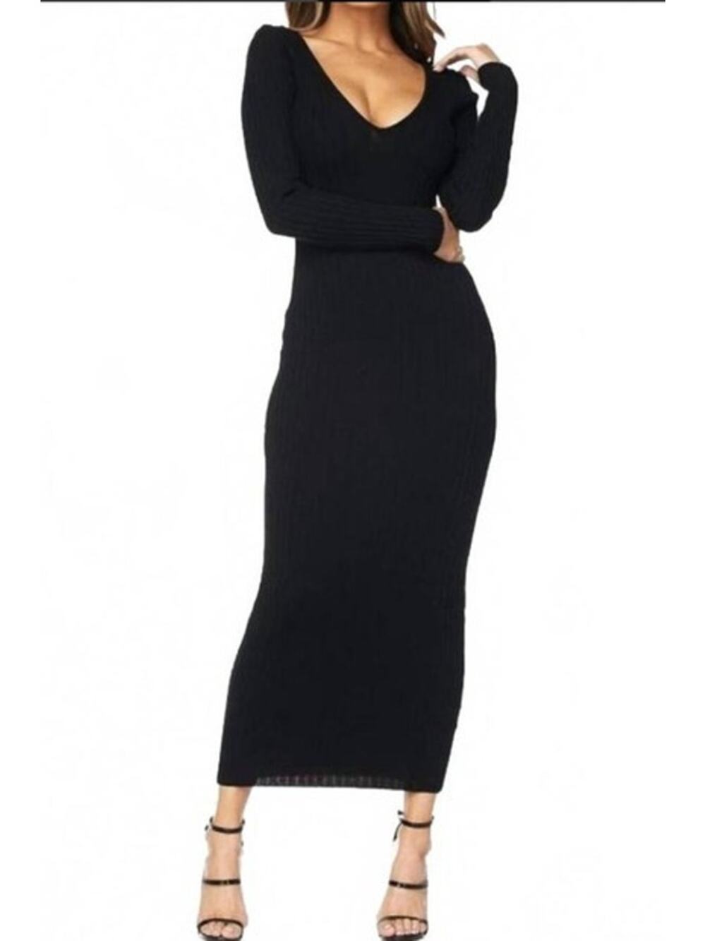 Hera Collection Ribbed Knit Maxi Dress Black L Elegant Bodycon